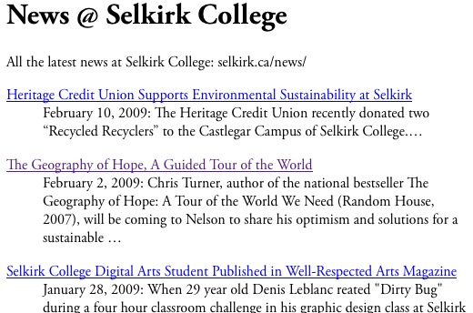 Selkirk News Page - Search Engine view.